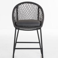 Front view of a modern bar stool featuring a dark grey woven rope lattice backrest, grey padded seat, and black aluminium frame, perfect for kitchen islands or outdoor patios.