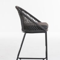 Side view of a modern bar stool featuring a dark grey woven rope lattice backrest, grey padded seat, and black aluminium frame, perfect for kitchen islands or outdoor patios.