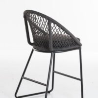 Side view of a modern bar stool featuring a dark grey woven rope lattice backrest, grey padded seat, and black aluminium frame, ideal for kitchen islands or outdoor patios.