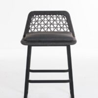 Front view of a modern bar stool featuring a woven lattice backrest, grey padded seat, and black metal frame, ideal for kitchen islands or outdoor patios.