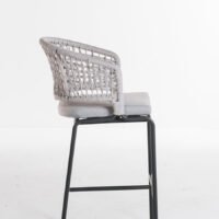 Elegant outdoor bar stool, white rope weave backrest and black aluminium frame, water- and rust resistant