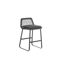 Front view of a modern bar stool featuring a woven lattice backrest, grey padded seat, and black aluminium frame, ideal for kitchen islands or outdoor spaces.
