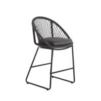 Angel view of a modern bar stool featuring a dark grey woven rope lattice backrest, grey padded seat, and black aluminium frame, perfect for kitchen islands or outdoor patios.