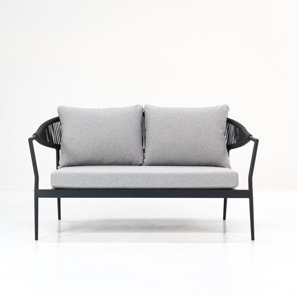 Simple design outdoor rope 2-seater lounge with seat and back cushions, providing good support, soft fabric, suitable for patio and balcony