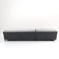 Side view of elegant outdoor rope sun lounger with backrest fully flat, showing ergonomic design and rope detailing