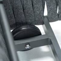 close-up of the wheels on outdoor rope sun lounger, showing its lightweight and highly portable