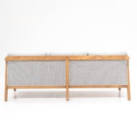 Outdoor teak 3-seater lounge with rope weave backrest, weather-resistant seat and back cushions, durable and easy to maintain