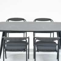 Modern outdoor dining set including 6 rope dining chairs and marble-style aluminium table, ideal for outdoor dining and gatherings