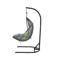 Outdoor hanging egg chair with grey rope and cushions, featuring a powder-coated dark charcoal frame that is rust resistant and weatherproof.