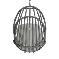 Detailed close-up of egg-shaped seat from outdoor hanging egg chair, showing grey rope and tight weave.