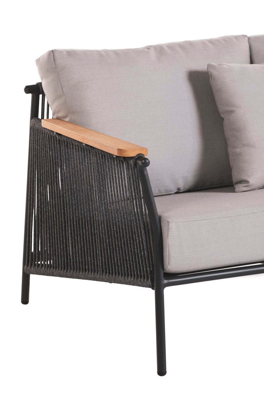 Outdoor 3 - seater sofa with grey cushions, wooden armrests, and black rope - woven frame