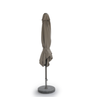 Closed outdoor market umbrella featuring a round marble base, providing strong stability and easy repositioning for garden or patio use