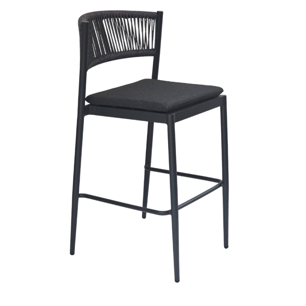 Outdoor rope bar stool with simple armless design and rope backrest, featuring durable powder-coated aluminium frame, weather and rust resistant, lightweight and stylish for patio or bar use