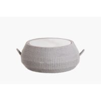 Large outdoor coffee table with oval hollow frame, finely woven rope edge, ceramic stone top, and handles for easy moving