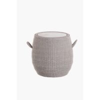 Tall outdoor lounge side coffee table with oval hollow frame, finely woven rope edge, ceramic stone top, and two handles for easy portability