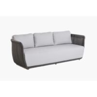Spacious 3-seater outdoor rope lounge with extra thick seat cushions, soft back cushions, tight and dense rope weave, sleek powder-coated aluminium frame, weather-resistant and durable
