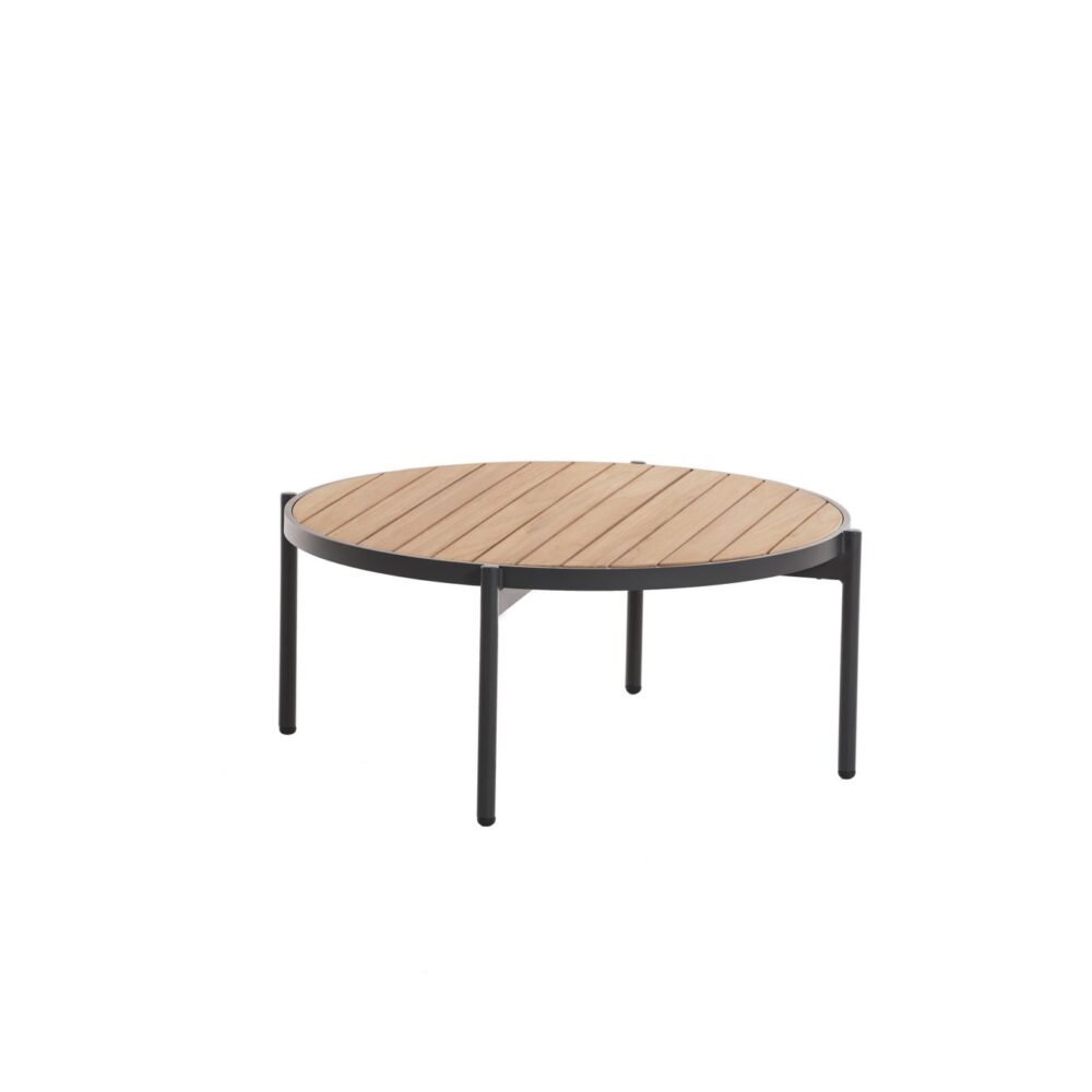 Round outdoor coffee table with wooden slatted top and black aluminium frame