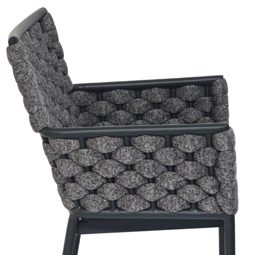 Outdoor premium rope bar stool with soft seat cushions, rope weave, and supportive backrest
