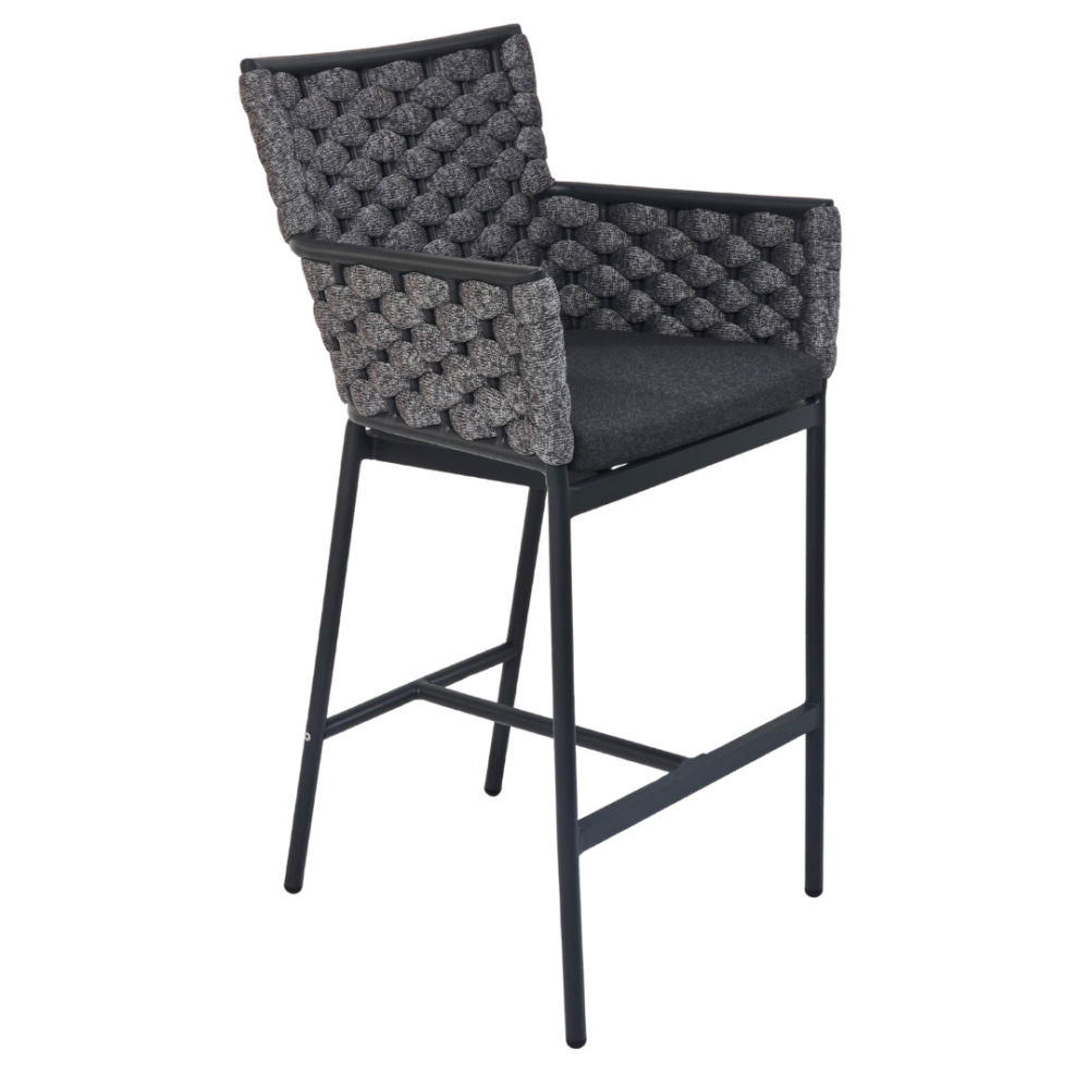 Outdoor premium rope bar stool with soft seat cushions, rope weave, and supportive backrest
