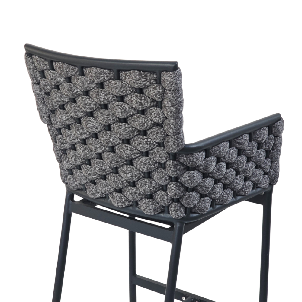 Outdoor premium rope bar stool with soft seat cushions, rope weave, and supportive backrest