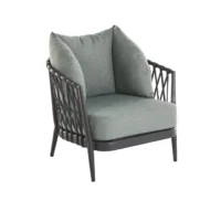 attractive outdoor rope armchair in green cushions and charcoal frame.