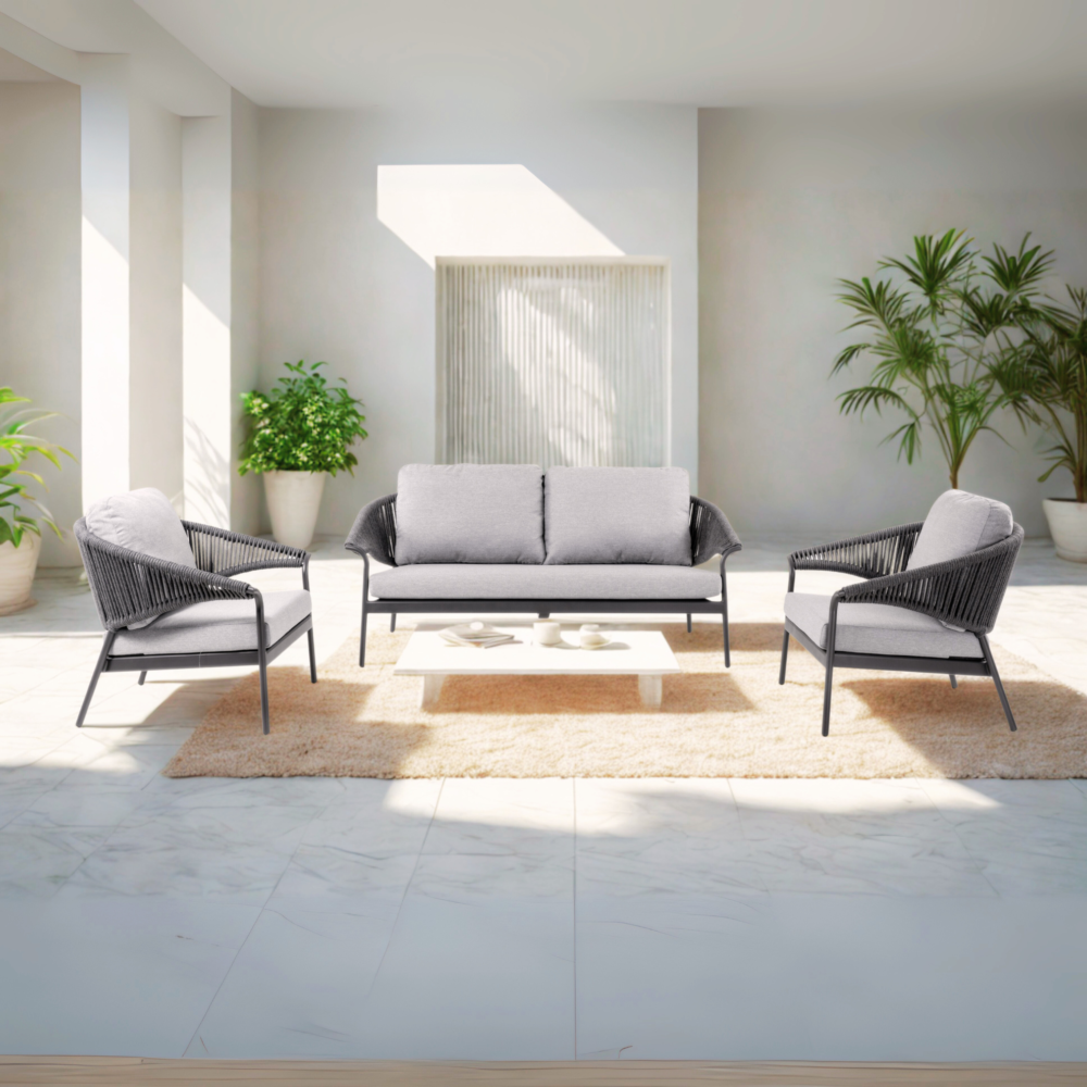 Modern outdoor sofa set in charcoal rope with grey cushions,