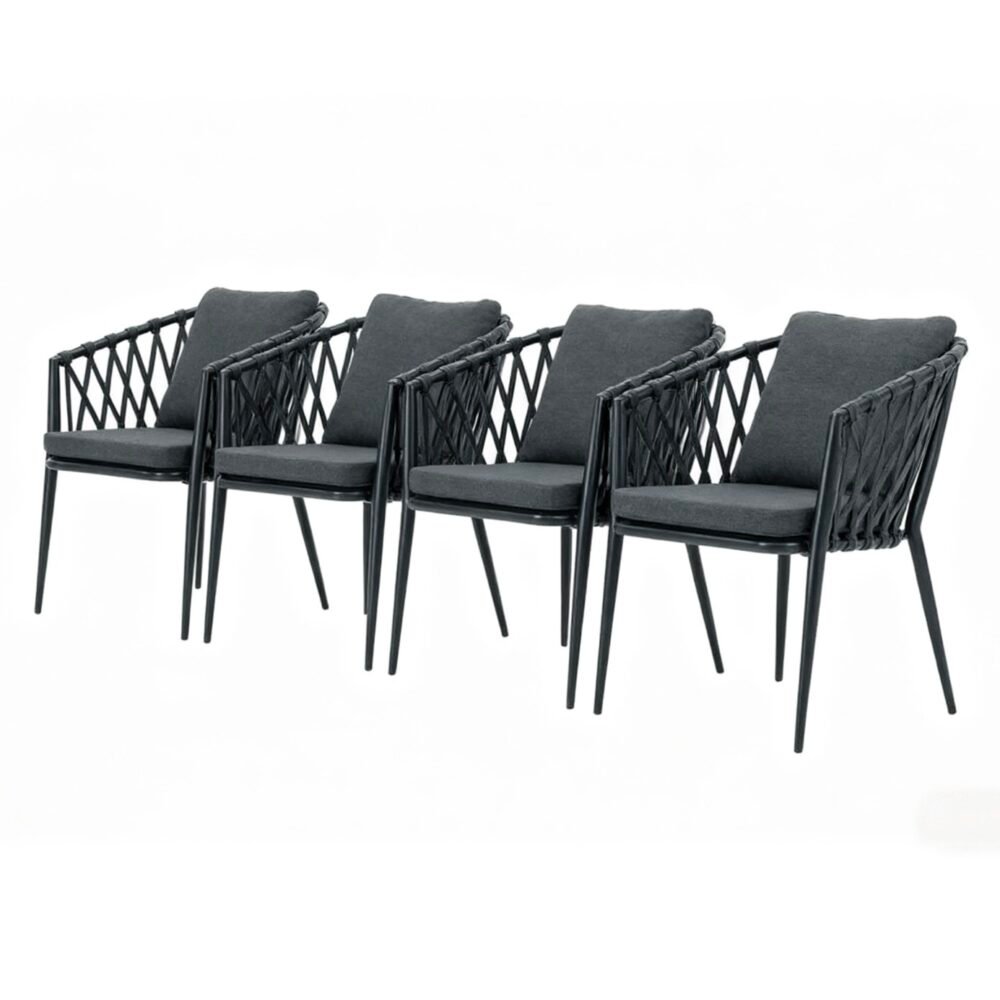 outdoor rope dining chair set of 4 with back and seat cushions, powder-coated aluminium frame and water-resistant cushion fabric.