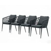 outdoor rope dining chair set of 4 with back and seat cushions, powder-coated aluminium frame and water-resistant cushion fabric.