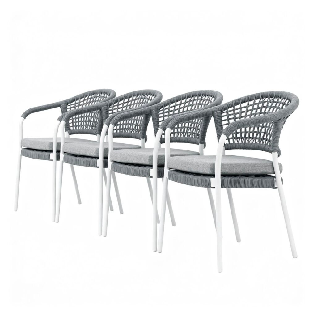 outdoor rope dining chair set of 4, white powder-coated aluminium frame with grey rope for backrest and armrest, water-resistant seat cushion.