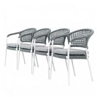 outdoor rope dining chair set of 4, white powder-coated aluminium frame with grey rope for backrest and armrest, water-resistant seat cushion.