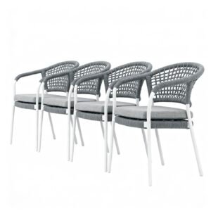 outdoor rope dining chair set of 4, white powder-coated aluminium frame with grey rope for backrest and armrest, water-resistant seat cushion.