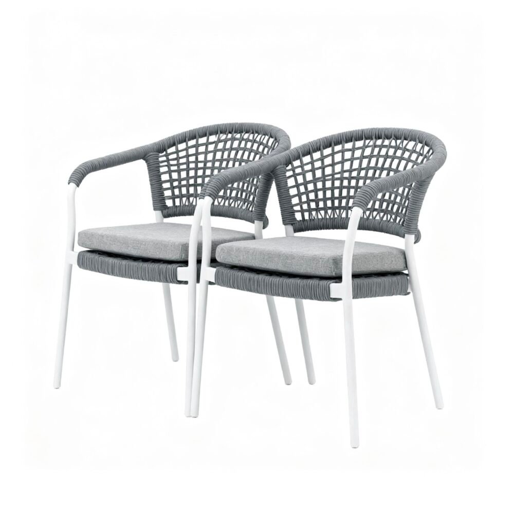 outdoor rope dining chair set of 2, white powder-coated aluminium frame with grey rope on backrest and armrest.
