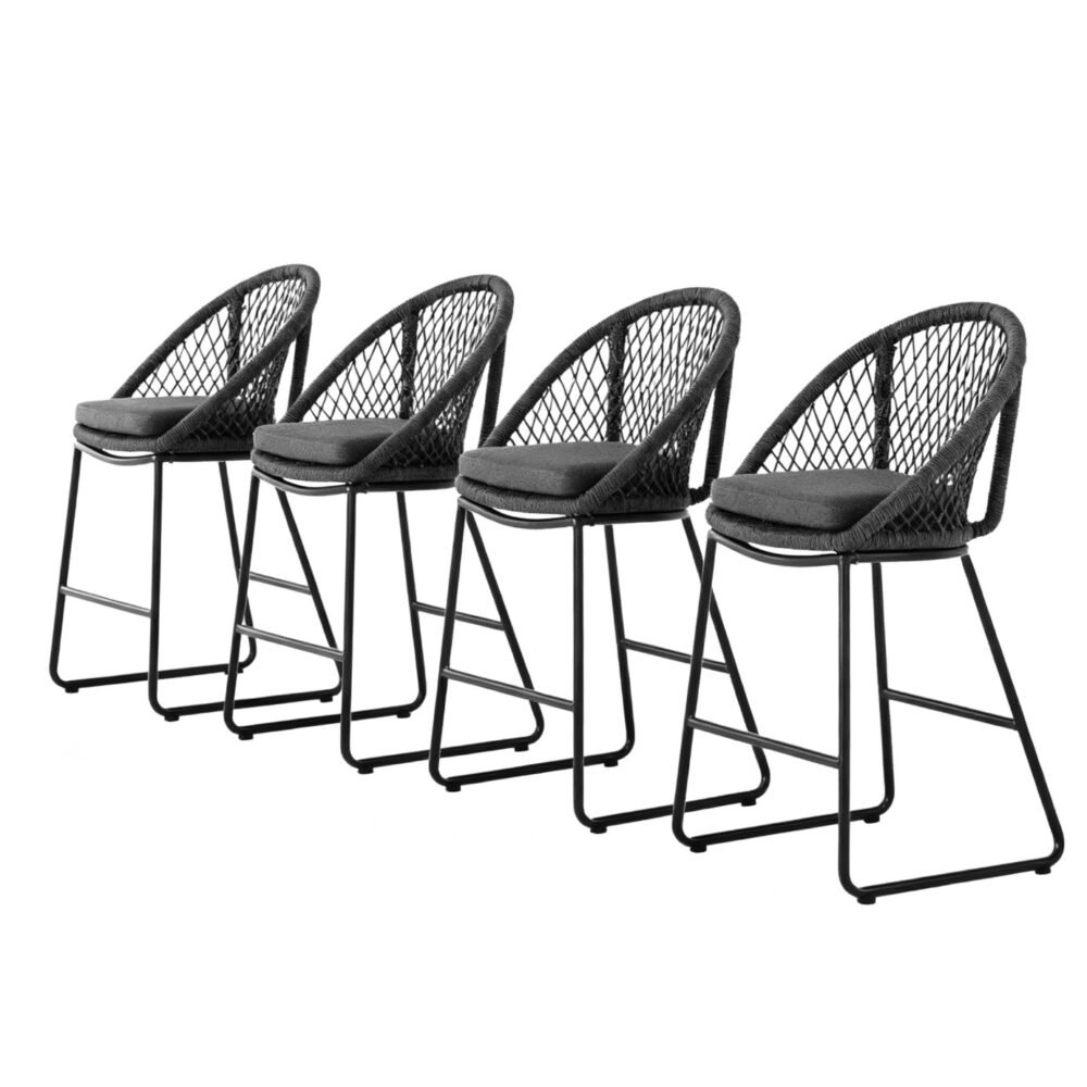 outdoor rope bar stool set of 2, in charcoal with weather-resistant seat cushion and powder-coated aluminum frame.