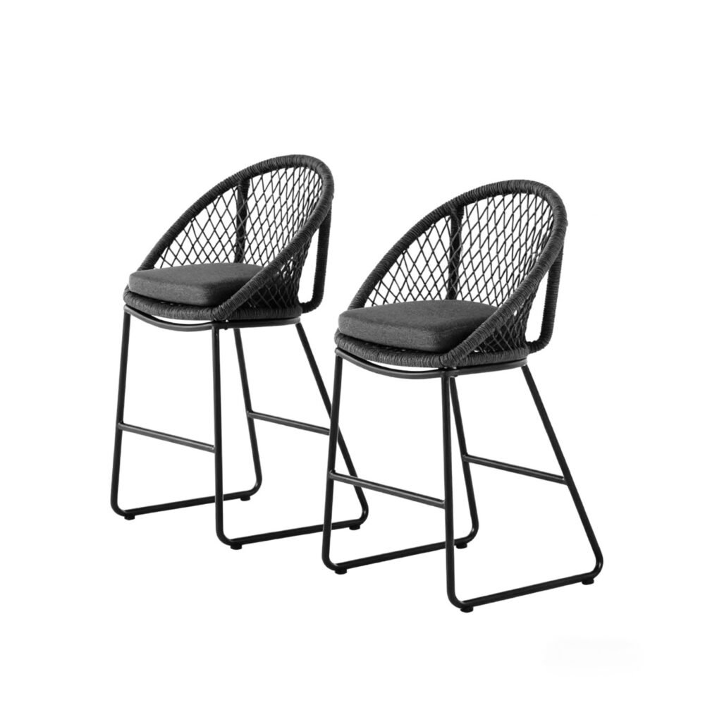 outdoor rope bar stool set of 2, in charcoal with weather-resistant seat cushion and powder-coated aluminum frame.