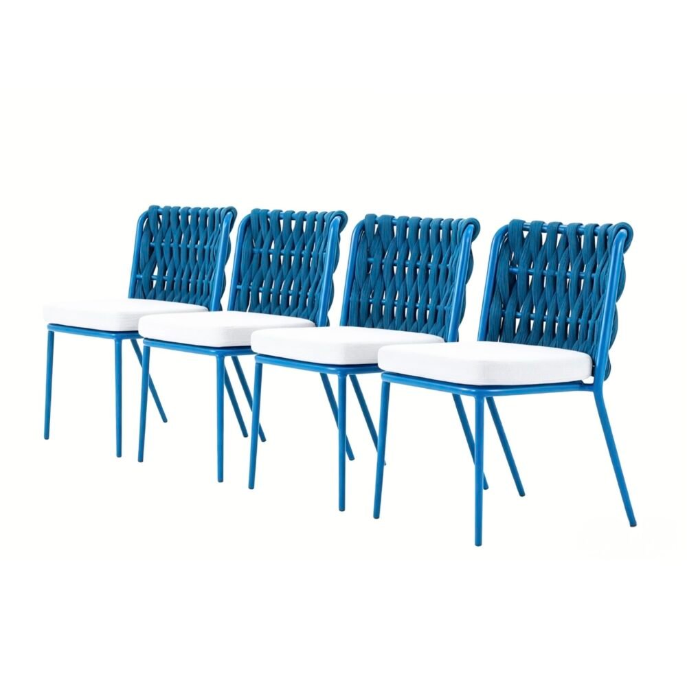 outdoor rope dining chair with seat cushion set of 4 in blue, powder-coated aluminium frame.