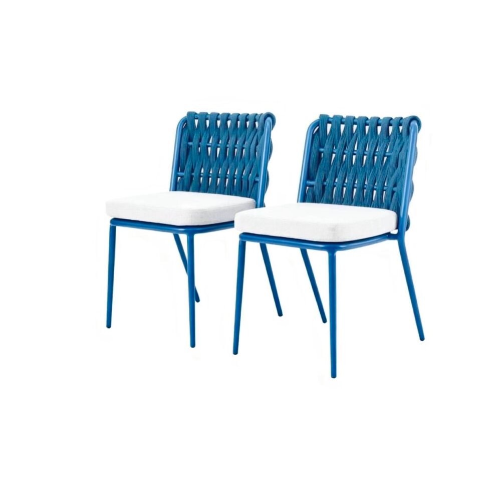 outdoor rope dining chair with seat cushion set of 2, powder-coated aluminium frame.