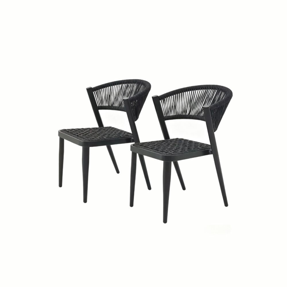 black outdoor rope chair set of 2, powder-coated aluminium frame in charcoal.