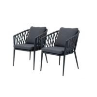 outdoor rope dining chair set of 2, with back and seat cushons, powder-coated aluminium frame and water-resistant cushions.