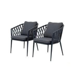 outdoor rope dining chair set of 2, with back and seat cushons, powder-coated aluminium frame and water-resistant cushions.