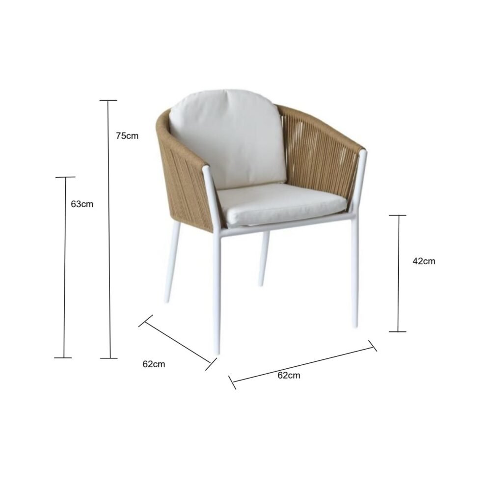 size chart for outdoor rope dining chair in beige rope and white frame with white back and seat cushion