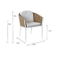 size chart for outdoor rope dining chair in beige rope and white frame with white back and seat cushion