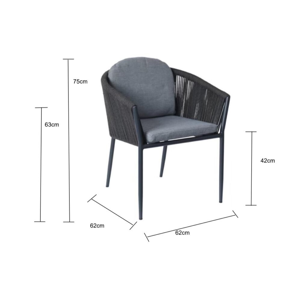 size chart for outdoor rope dining chair in charcoal rope and frame with dark grey back and seat cushion