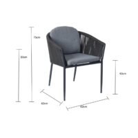 size chart for outdoor rope dining chair in charcoal rope and frame with dark grey back and seat cushion