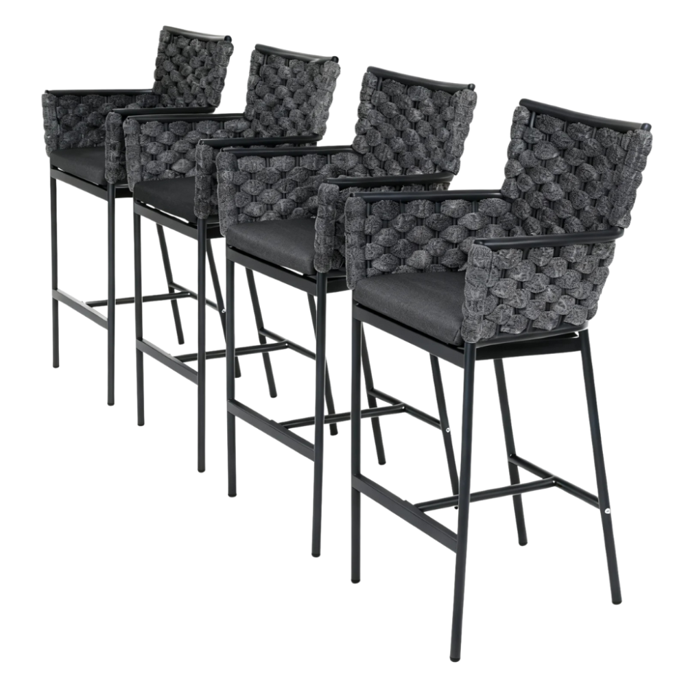 Outdoor bar stool set of 4, powder-coated aluminium frame, olefin rope and water-resistant fabric.