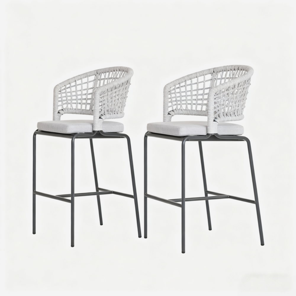 Outdoor bar stool set of 2, powder-coated aluminium frame, olefin rope and water-resistant fabric.