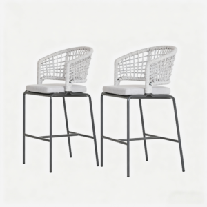 Outdoor bar stool set of 2, powder-coated aluminium frame, olefin rope and water-resistant fabric.