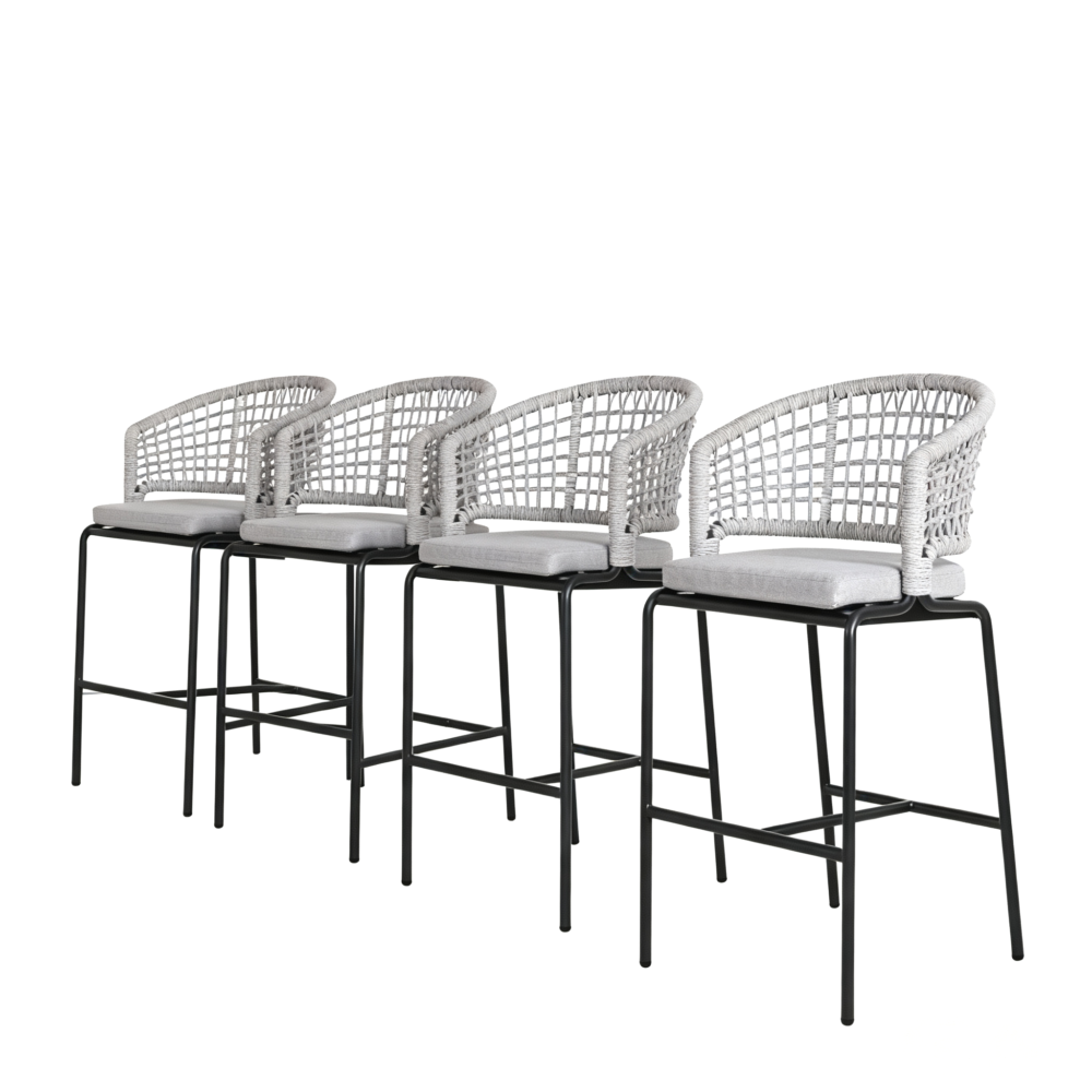 Outdoor bar stool set of 4, powder-coated aluminium frame, olefin rope and water-resistant fabric.