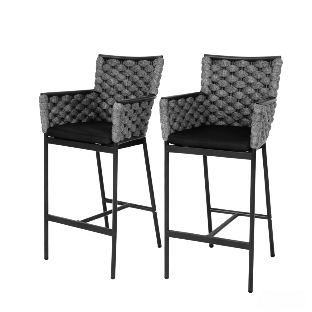 outdoor bar stool set of 2, powder-coated aluminium frame, olefin rope and water-resistant fabric.
