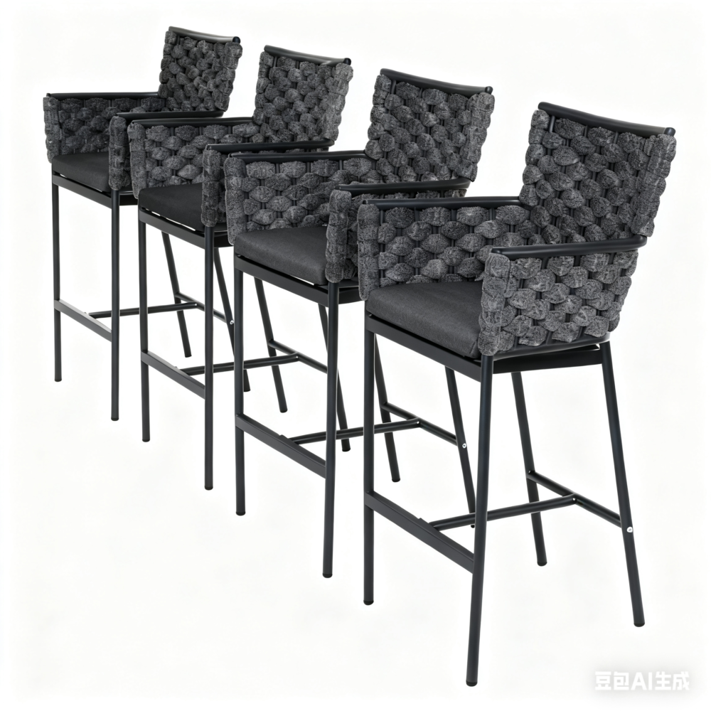 Outdoor bar stool set of 4, powder-coated aluminium frame, olefin rope and water-resistant fabric.
