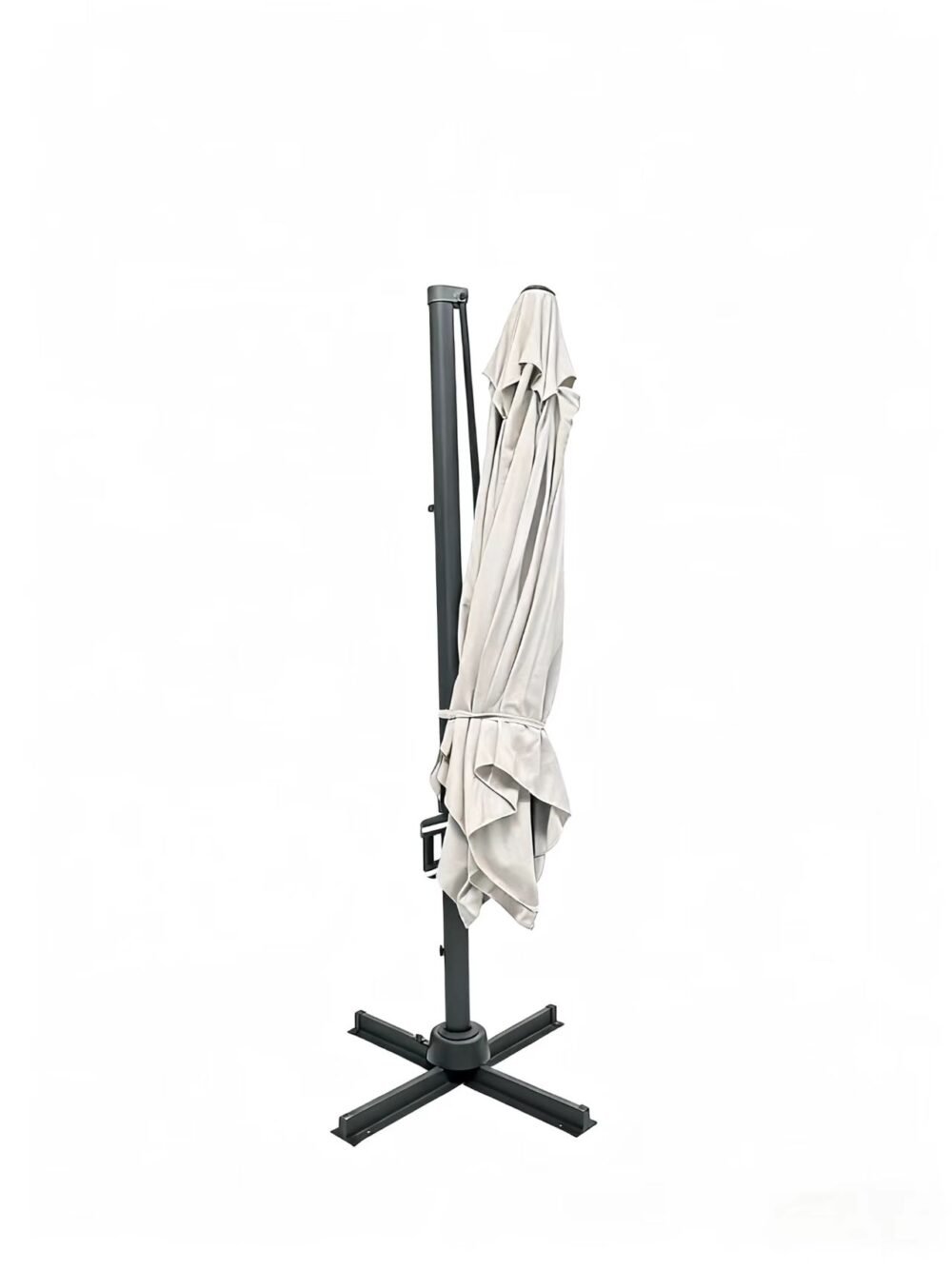 outdoor cantilever umbrella with cross base, closed and tied, in white color as a option, rotatable and tiltable.